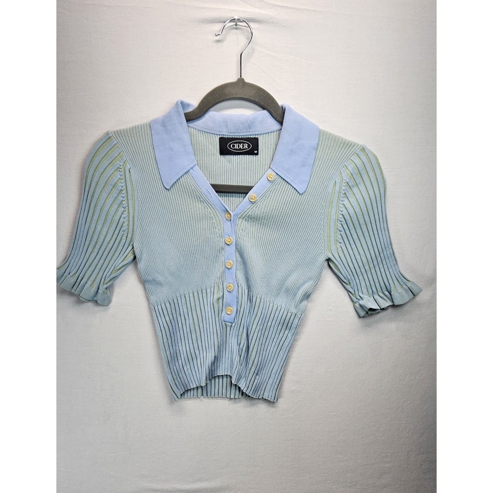 Cider Ribbed Knit Polo Top M Blue Short Sleeve Button Front‎ Cropped